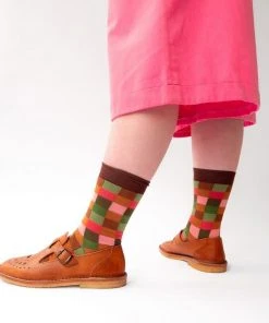 Bonne Maison Motivsocken - Kästchen Braun Pink Grün Multico